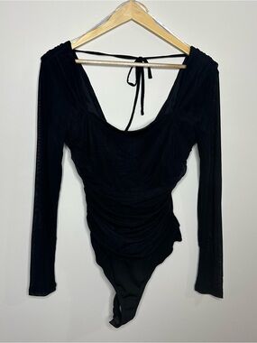 Lulus Black Long Sleeve Ruched Scoop-Back Bodysuit Whimsigoth Size M Lace Sheer